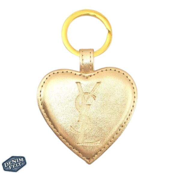 Yves Saint Laurent YSL Gold Tone Leather Heart Shaped Mirror Keychain/Bag Charm - Picture 1 of 9